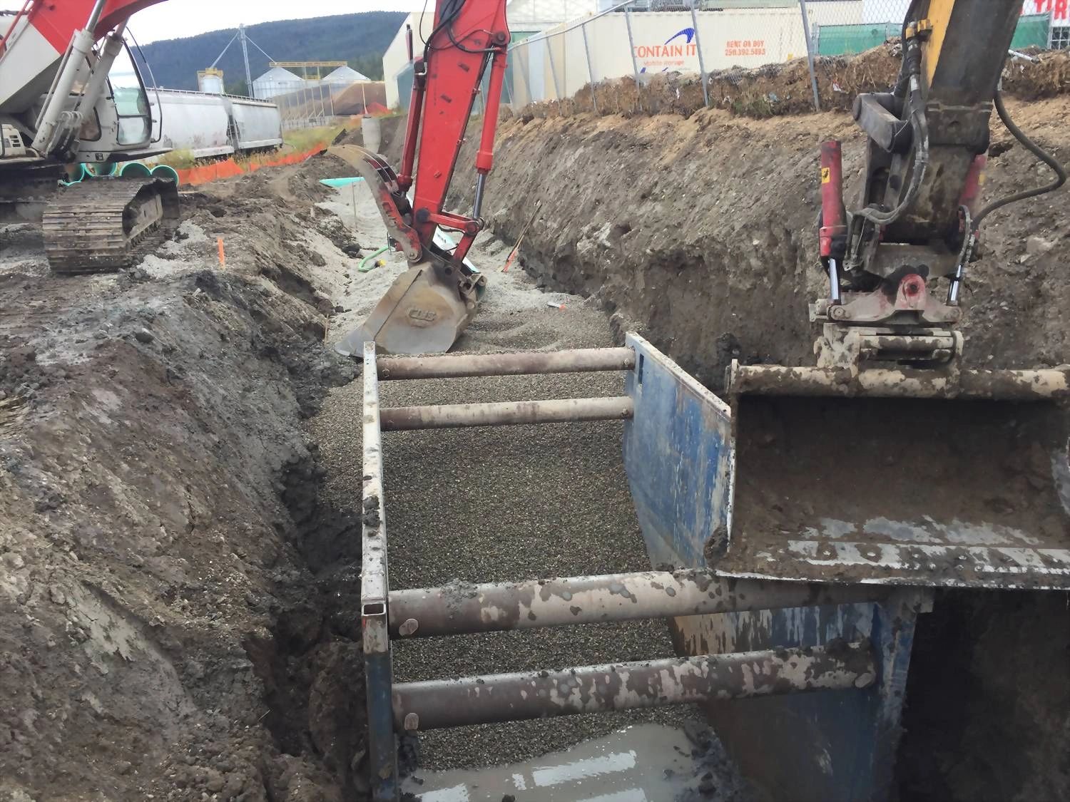 Trench box shoring in deep excavation